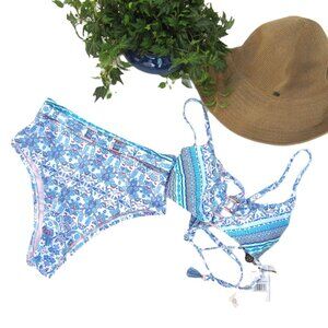 Nanette Lepore NEW Size 8 Iris Bralette Bikini 2 Piece Blue Boho Print Swimsuit